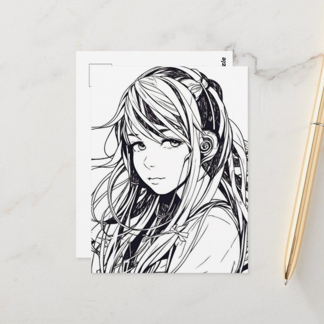Sketch Anime Manga Girl Postkarte (Vorderseite/Rückseite Beispiel)