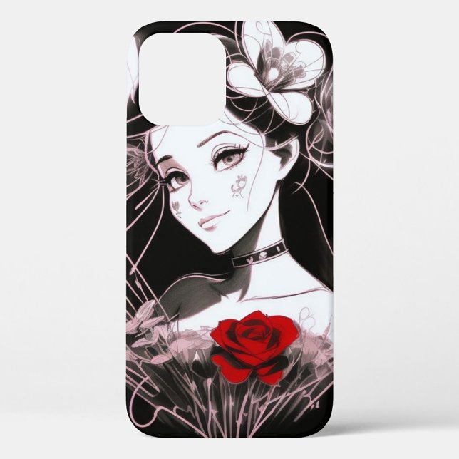 Sketch Case-Mate iPhone Hülle (Illustration of a woman with black hair adorned with white flowers, and a red rose at the bottom.)