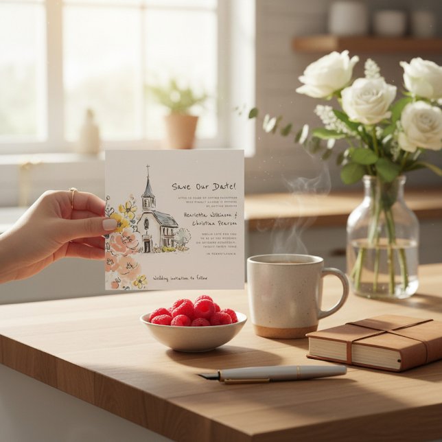 sketch Church Floral Watercolor Save the Date (Von Creator hochgeladen)