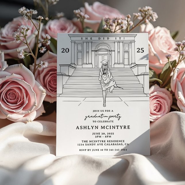 Sketch für Frauen und Mädchen Einladung (Feminine Graduation Invitation with sketch of beautiful girl walking up the steps of a university. )