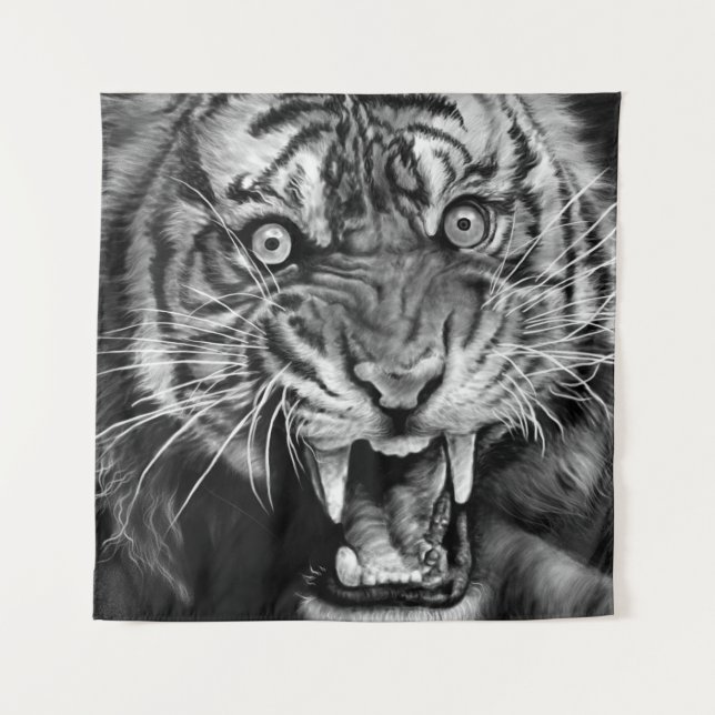 Sketch of a wild tiger in black and whiteblack,whi wandteppich (Vorderseite)