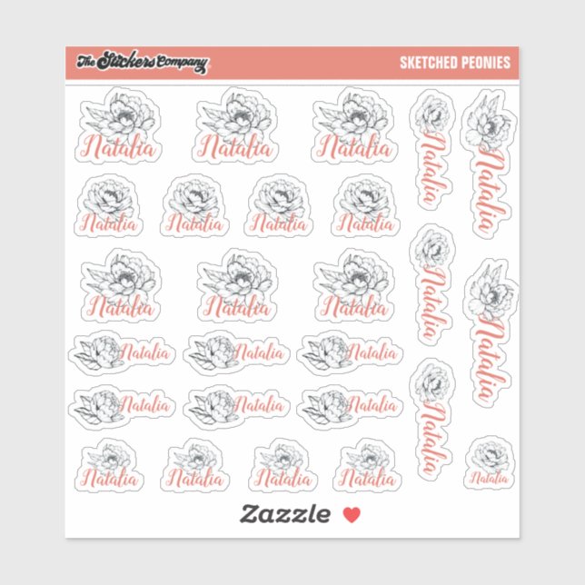 Sketch-Peonies-Individuelle Name-Labels | Schule Aufkleber (Blatt)