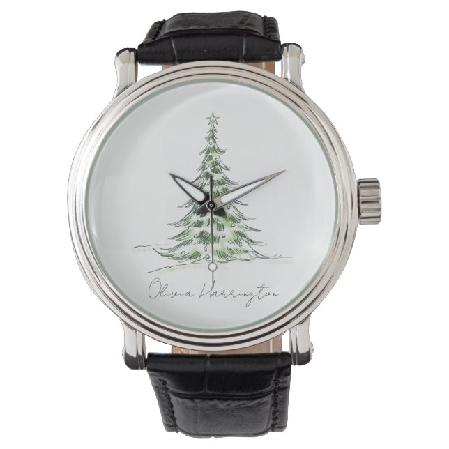 Sketch Pine Christmas Tree Minimaler Skriptname Armbanduhr (Vorderseite)