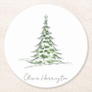 Sketch Pine Christmas Tree Minimaler Skriptname Runder Pappuntersetzer