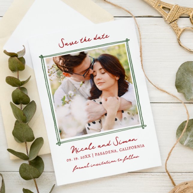 Sketch Whimsical Hand Drawn Square Foto Hochzeit Save The Date (Von Creator hochgeladen)