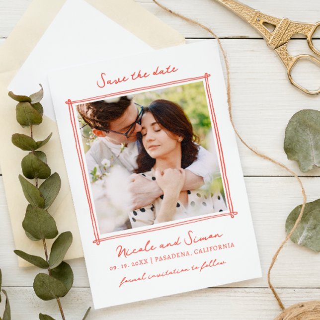 Sketch Whimsical Hand Drawn Square Foto Hochzeit Save The Date (Von Creator hochgeladen)