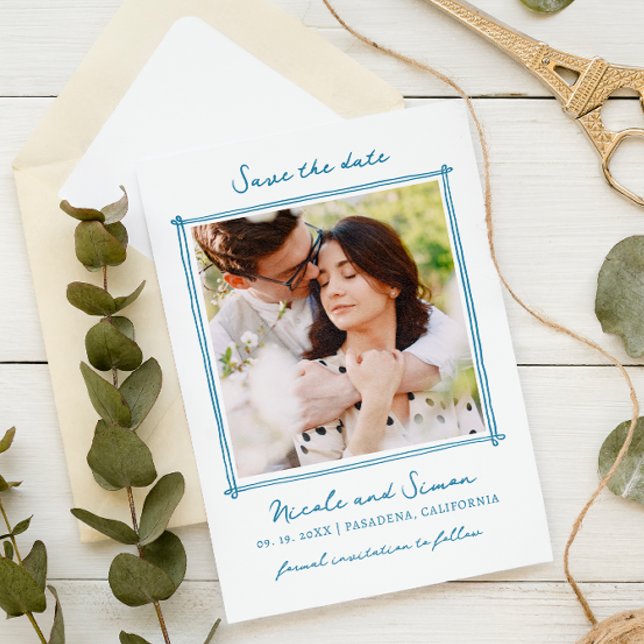 Sketch Whimsical Hand Drawn Square Foto Hochzeit Save The Date (Von Creator hochgeladen)
