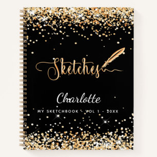 Sketchbook Black Gold Glitzer Namenskript Notizbuch