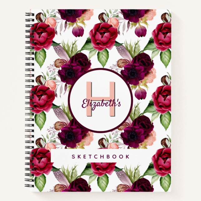 Sketchbook burgundy Blume monogram Notizbuch (Vorderseite)