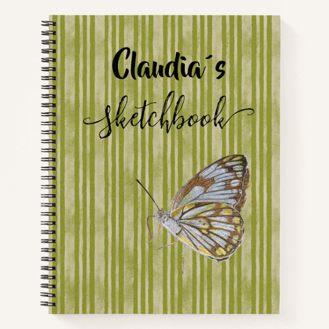 Sketchbook butterfly on green stripes add name notizbuch (Vorderseite)