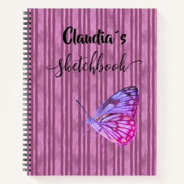 Sketchbook butterfly on pink stripes add name notizbuch