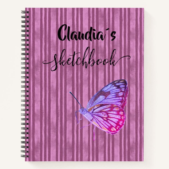Sketchbook butterfly on pink stripes add name notizbuch (Vorderseite)
