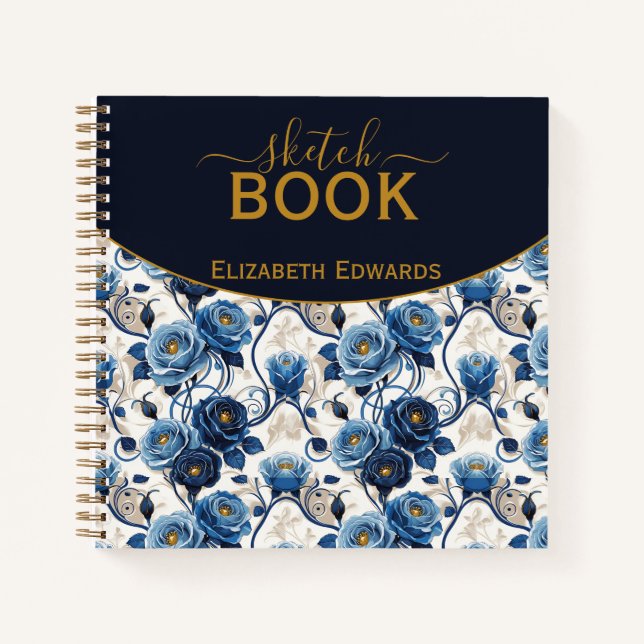Sketchbook Elegante Rosas Azules y Oro Personaliza Notizbuch (Vorderseite)