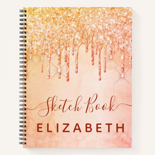 Sketchbook Koralle Rose Gold Rosa Glitzer Tropfen  Notizbuch (Vorderseite)