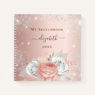 Sketchbook Rose Gold Blume Silber Glitzern Notizbuch