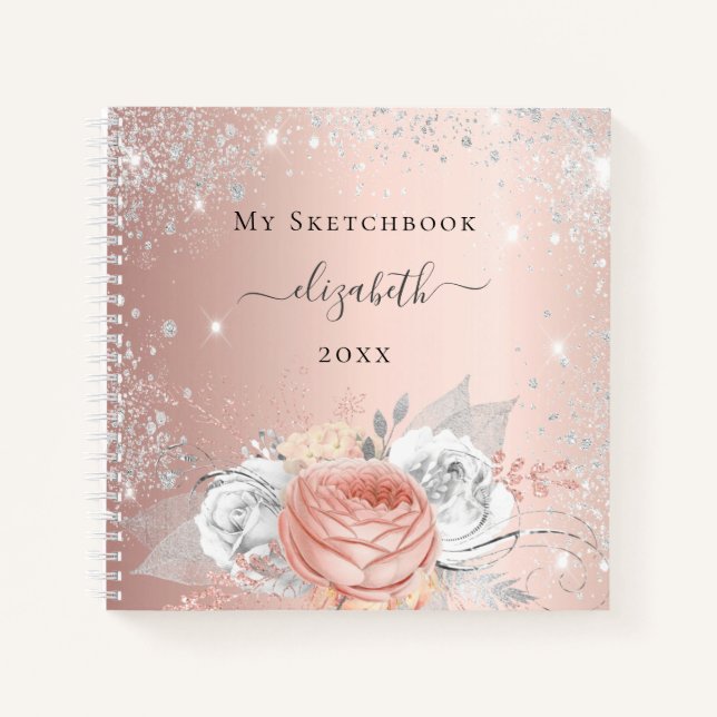 Sketchbook Rose Gold Blume Silber Glitzern Notizbuch (Vorderseite)