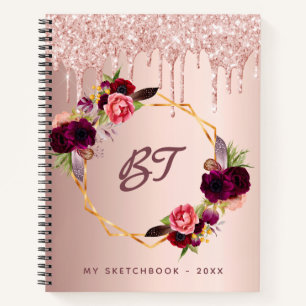 Sketchbook Rose Gold Glitzer Bordeaux Monogramm Notizbuch