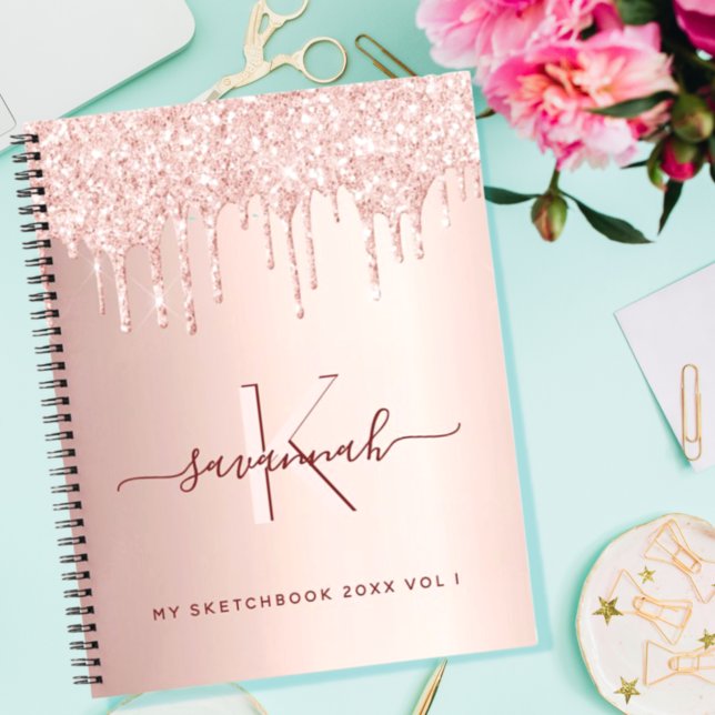 Sketchbook Rose Gold Glitzer Rosa Monogramm-Skript Notizbuch (Von Creator hochgeladen)