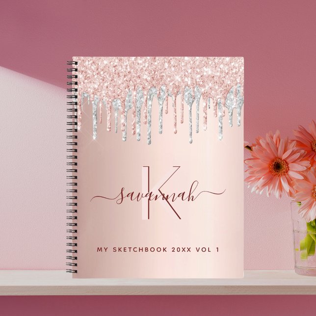 Sketchbook Rose Gold Glitzer Silber rosa Monogramm Notizbuch (Von Creator hochgeladen)