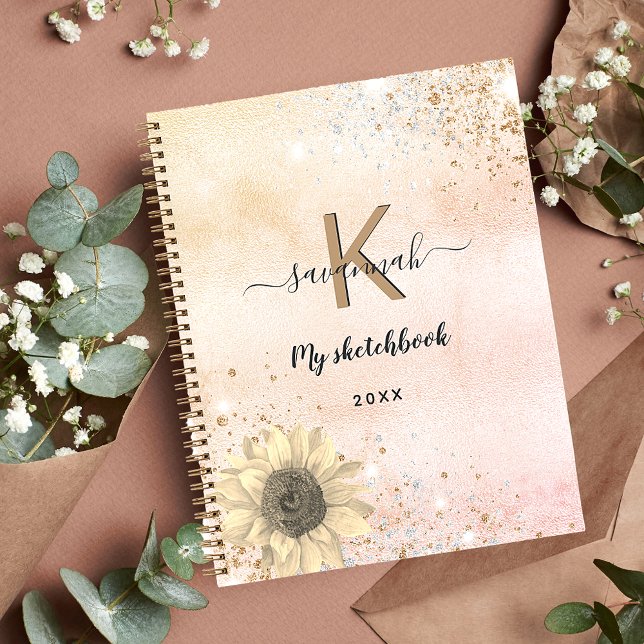 Sketchbook Rose Gold Glitzer Sonnenblumenmonogramm Notizbuch (Von Creator hochgeladen)