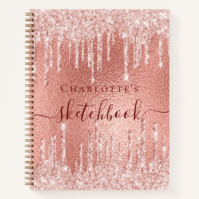 Sketchbook Rose Gold Glitzer Tropfen Monogramm Notizbuch (Vorderseite)