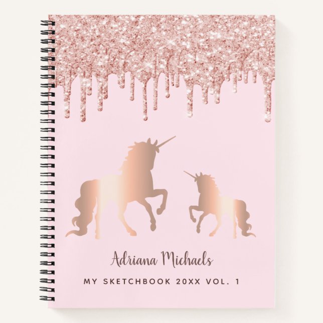 Sketchbook unicorn Rose Gold Glitzer Tropfen Name Notizbuch (Vorderseite)