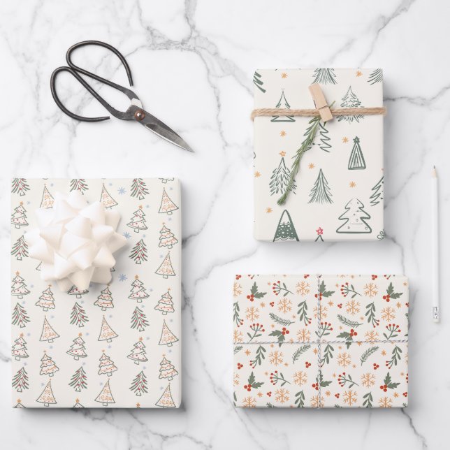 Sketched Boho Trees Holiday Wrapping Paper Geschenkpapier Set (Vorderseite)