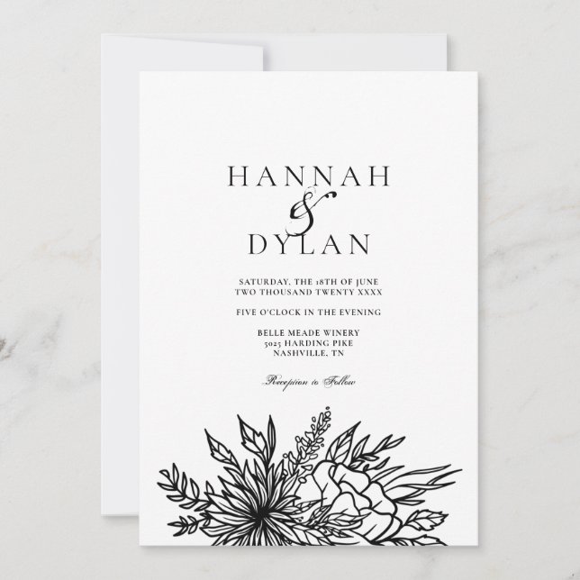 Sketched Botanical Bouquet Wedding QR Code Einladung (Vorderseite)