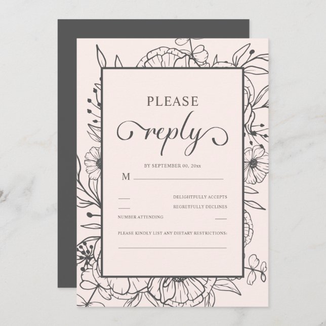 Sketched Floral Chic Pink Wedding RSVP (Vorne/Hinten)