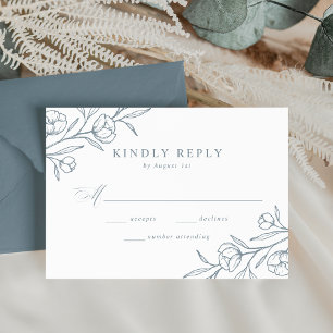Sketched Floral Dusty Blue Wedding RSVP Karte