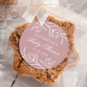 Sketched Floral Dusty Rose Babyparty Runder Aufkleber