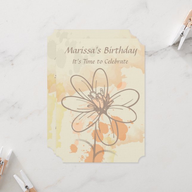 Sketched Floral on Watercolor Splats Birthday Einladung (Vorderseite/Rückseite Beispiel)