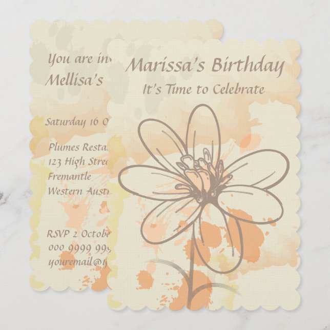 Sketched Floral on Watercolor Splats Birthday Einladung (Vorne/Hinten)