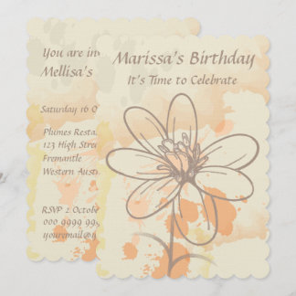 Sketched Floral on Watercolor Splats Birthday Einladung