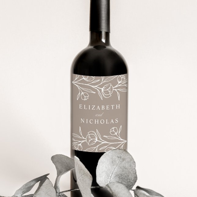 Sketched Floral Taupe Wedding Weinetikett (Von Creator hochgeladen)