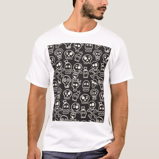Sketchy Black Skull Nahtlose Tapete T-Shirt (Vorderseite)