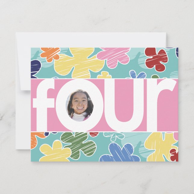 Sketchy Blume 4. Geburtstag Party Rosa Einladung (Vorderseite)