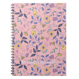 Sketchy Blume Herz Birds Reben Rosa Notizblock