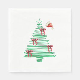 sketchy christmas tree with red bow and santa hat serviette