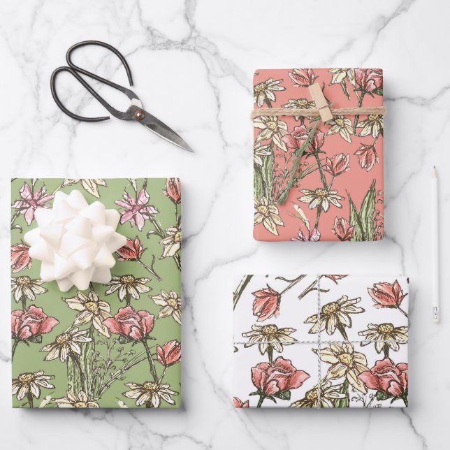 Sketchy Floral Jeden Anlaß Gift Wrap Geschenkpapier Set (Vorderseite)