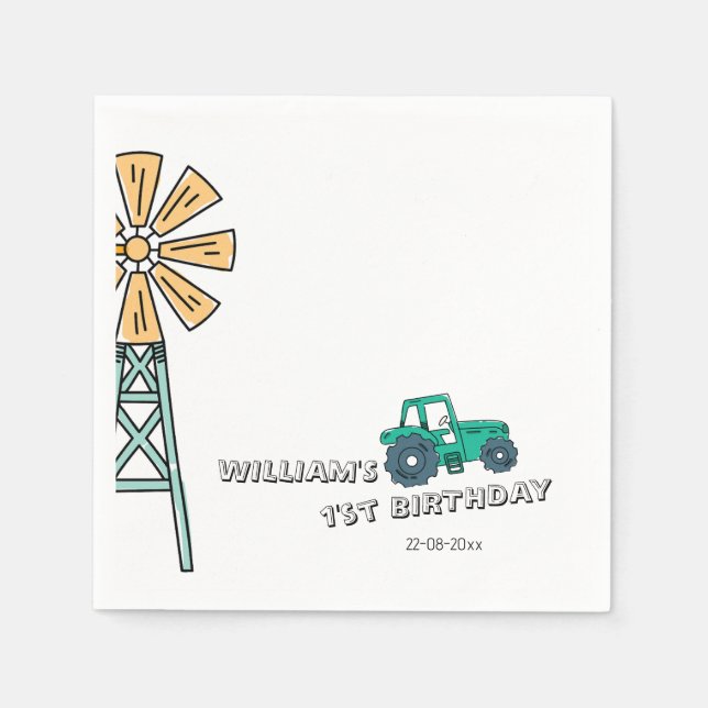 Sketchy Green Tractor Farm Windmill Boy Birthday Serviette (Vorderseite)