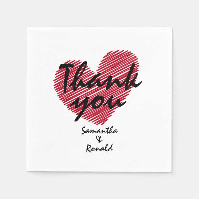 Sketchy Red Heart Wedding Vielen Dank Serviette (Vorderseite)