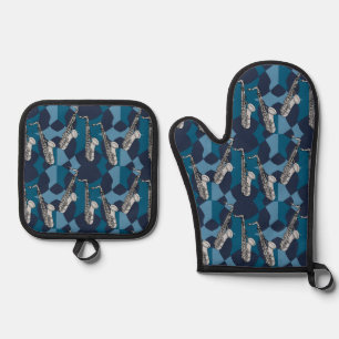 Sketchy Saxophon Gray Pattern Ofenhandschuh & Topflappen-Set