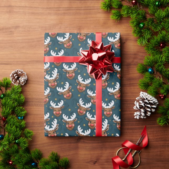 Sketchy Winking Reindeer Face Teal Pattern Geschenkpapier (Feiertagsgeschenk)