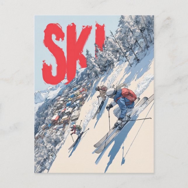 Ski-Abenteuer am Berghang Postkarte (Vorderseite)