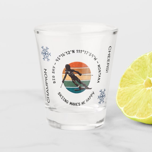Ski Big Sky, Montana Skier, Schwarzer Text Schnapsglas (Vorderseite)