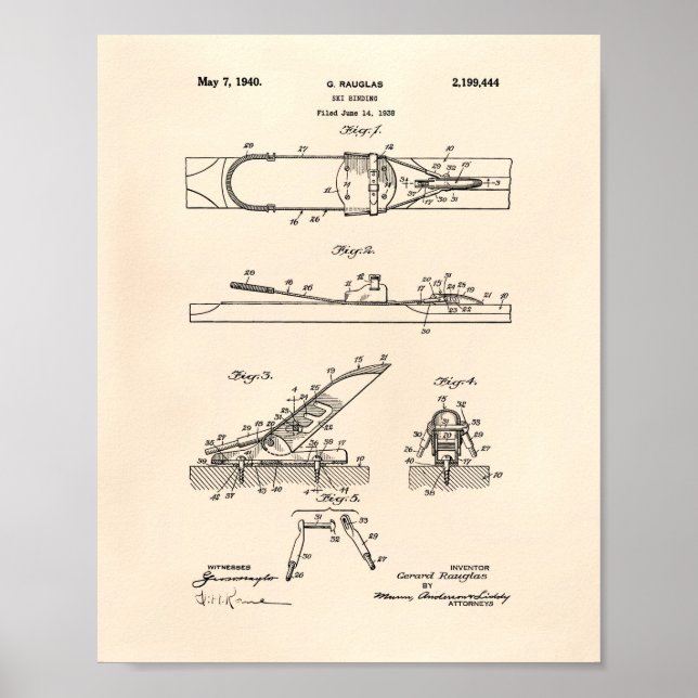 Ski Binding 1940 Patent Art - Alter Peper Poster (Vorne)