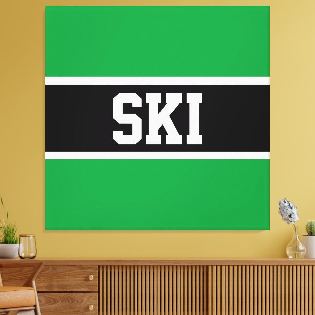 SKI Bold Sporty Bright Green Schwarz-weiß Stripes Leinwanddruck (Insitu (Wohnzimmer))