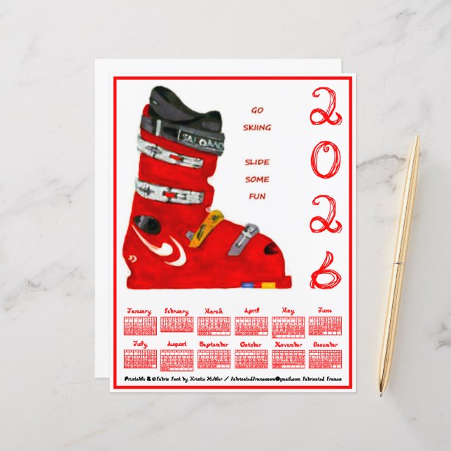 Ski Boot Go Skiing Slide Some Fun 2026 Calendar (Vorderseite/Rückseite Beispiel)