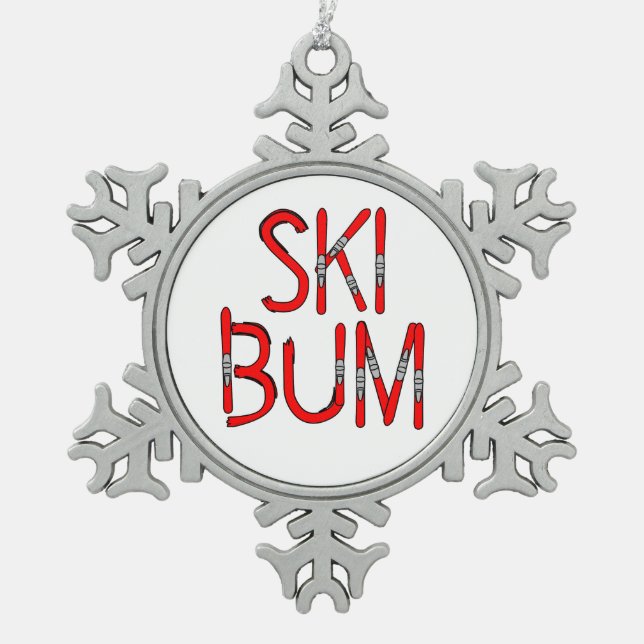 Ski Bum Skis Schneeflocken Zinn-Ornament (Vorderseite)